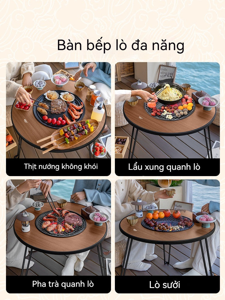 Sp02-Bếp nướng ngoài trời gấp gọn mang đi du lịch, Bàn bếp nướng than hoa BBQ kiêm bàn trà để sân vườn đa năng tiện lợi