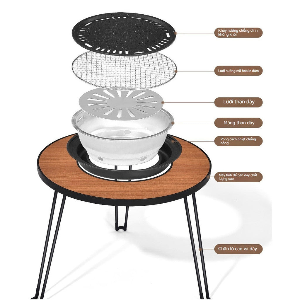 Sp02-Bếp nướng ngoài trời gấp gọn mang đi du lịch, Bàn bếp nướng than hoa BBQ kiêm bàn trà để sân vườn đa năng tiện lợi