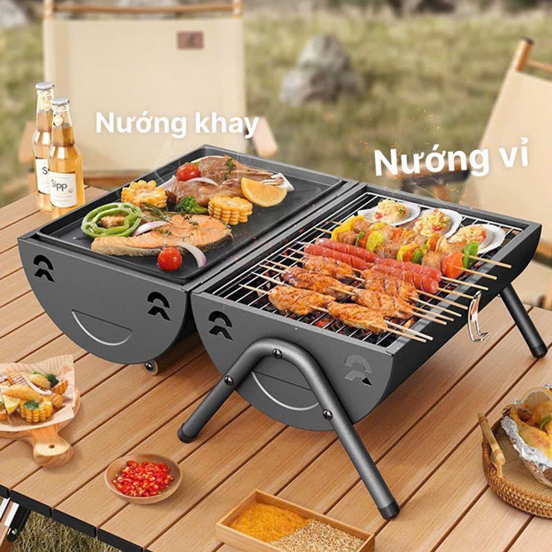 Sp04-Bếp Nướng Than Hoa Dã Ngoại BBQ Ngoài Trời Chất Thép Không Gỉ, Kèm Vỉ Nướng Inox Khay Đựng Than, Bếp Nướng Thịt Dã Ngoại